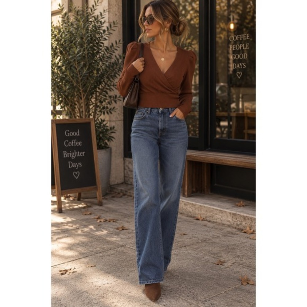 ASTR The Label Rust Ribbed Faux Wrap Sweater Puff Sleeve M